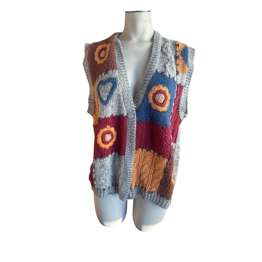 Knitted by Hand Two Twenty Vest Colorful Patchwork Blocks - Fits Size M